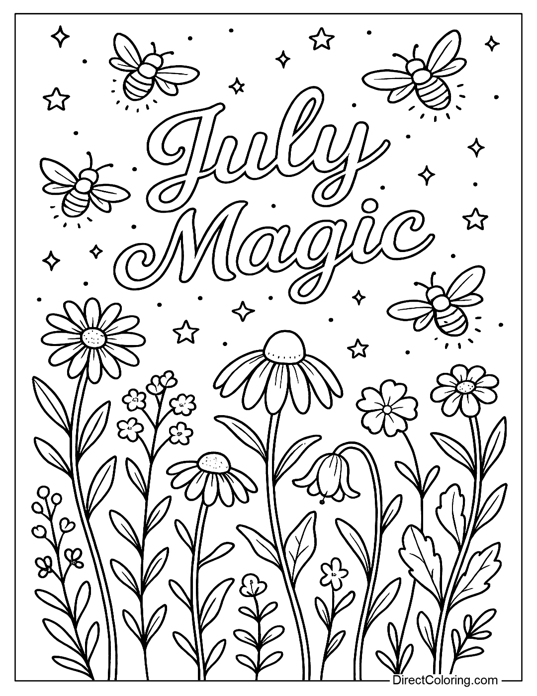 A July night garden coloring page with fireflies, wildflowers, and the words 